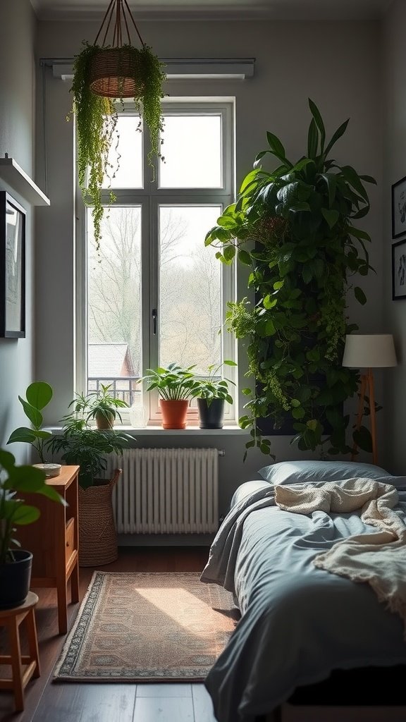 A cozy small bedroom featuring a vertical garden with various potted plants near a window.
