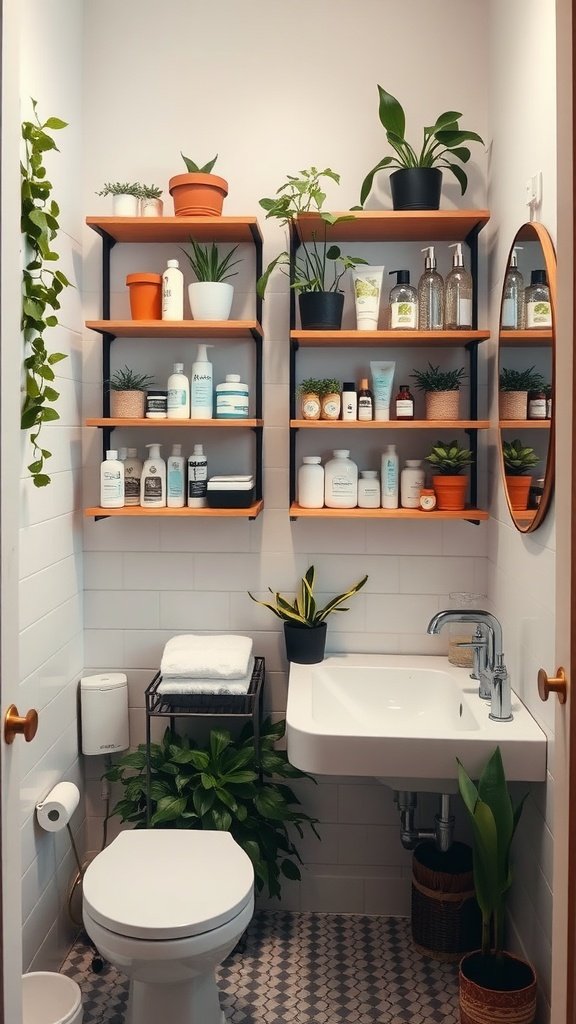 A small bathroom with vertical shelving displaying plants and various products.