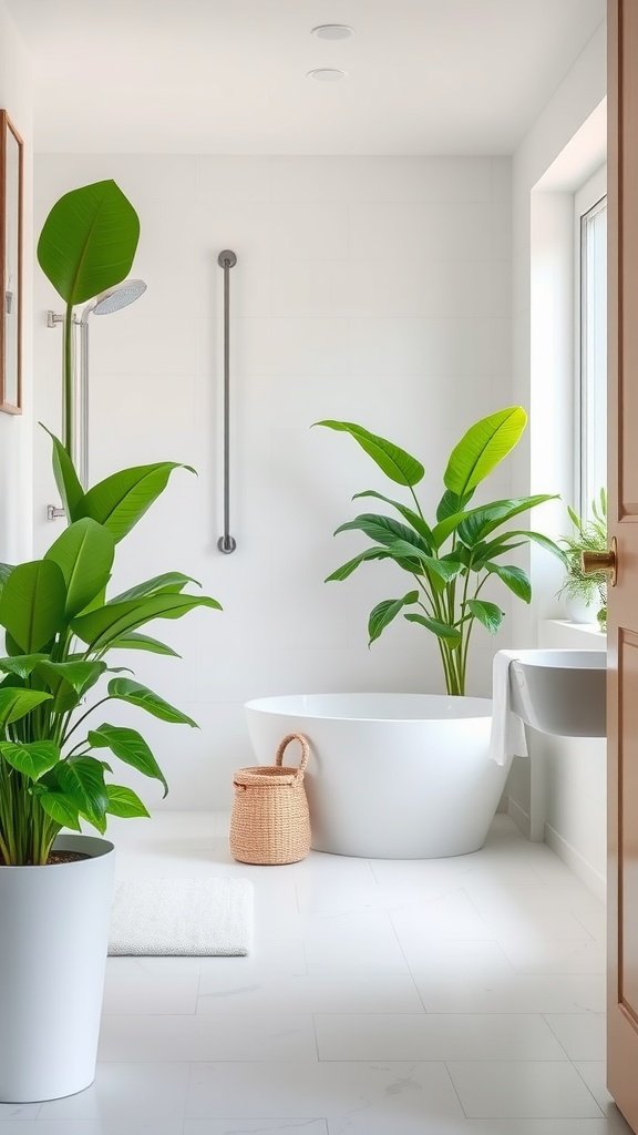 Bright green plants in a modern bathroom setting.