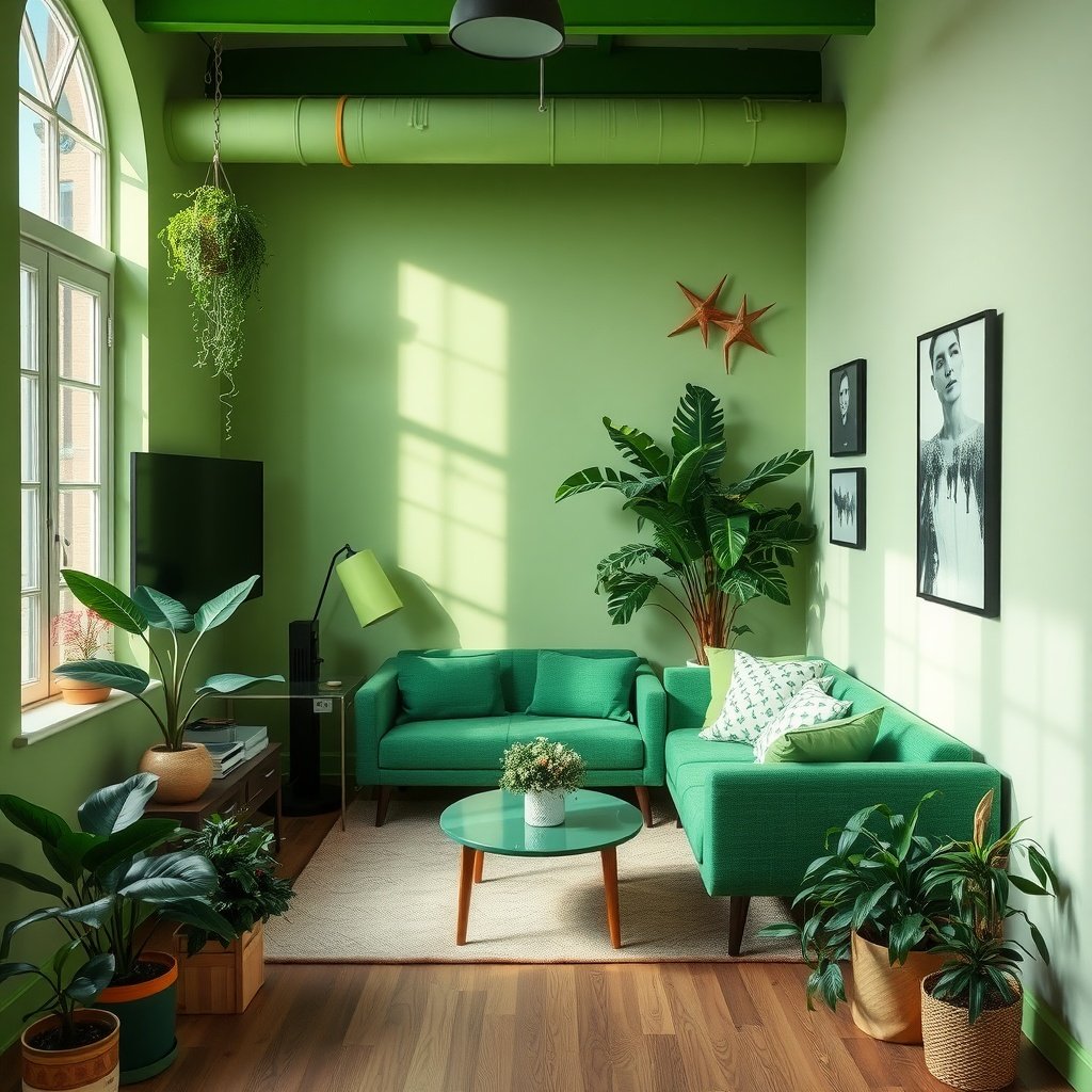 A small living room decorated in vibrant green tones with green furniture and plants.