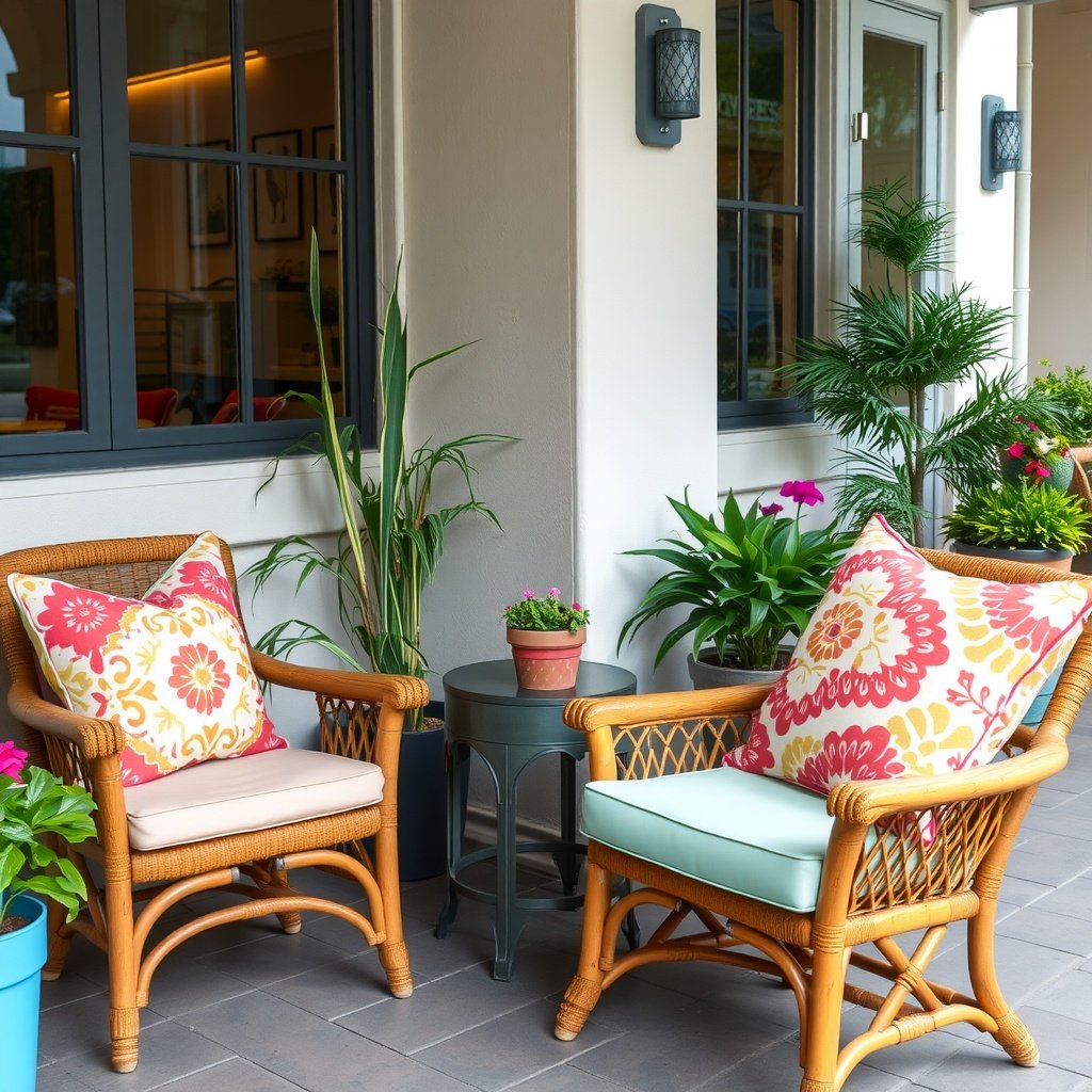 Two chairs with vibrant outdoor pillows on a patio