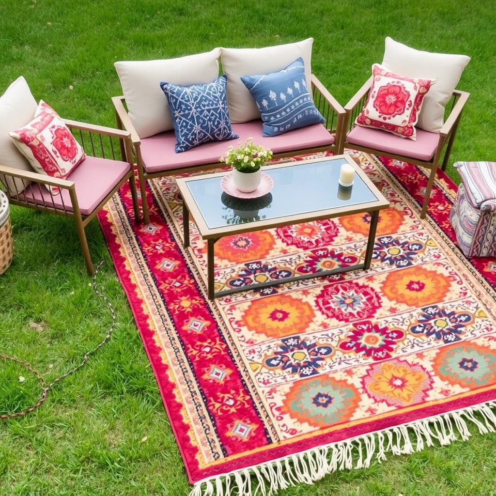 A vibrant outdoor rug with colorful patterns under a seating area in a backyard.