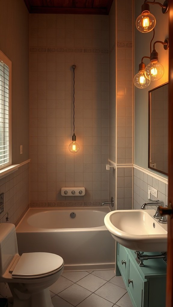 A cozy bathroom with vintage-style LED bulbs illuminating the space.