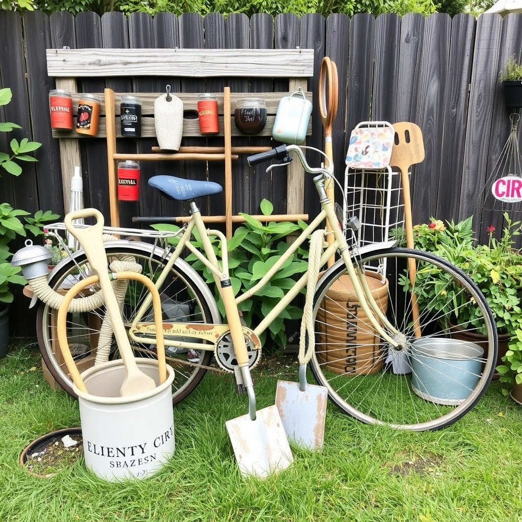 A vintage bicycle in a backyard setting with rustic gardening tools and decorative accents.
