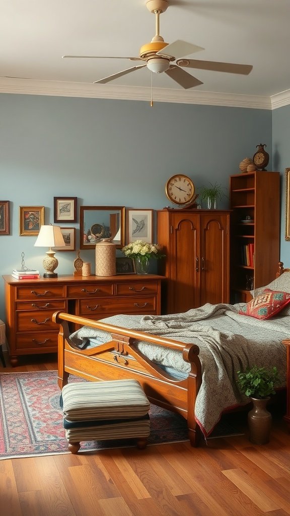A cozy bedroom featuring vintage wooden furniture, warm lighting, and decorative accents.