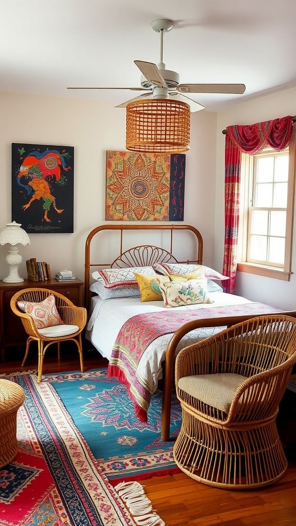 A cozy boho bedroom featuring vintage rattan furniture, bright textiles, and colorful artwork.