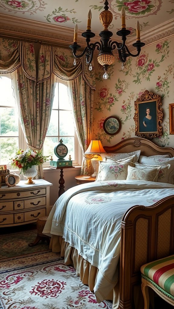 A vintage-style bedroom featuring floral wallpaper, an antique bed, and various decorative pieces.