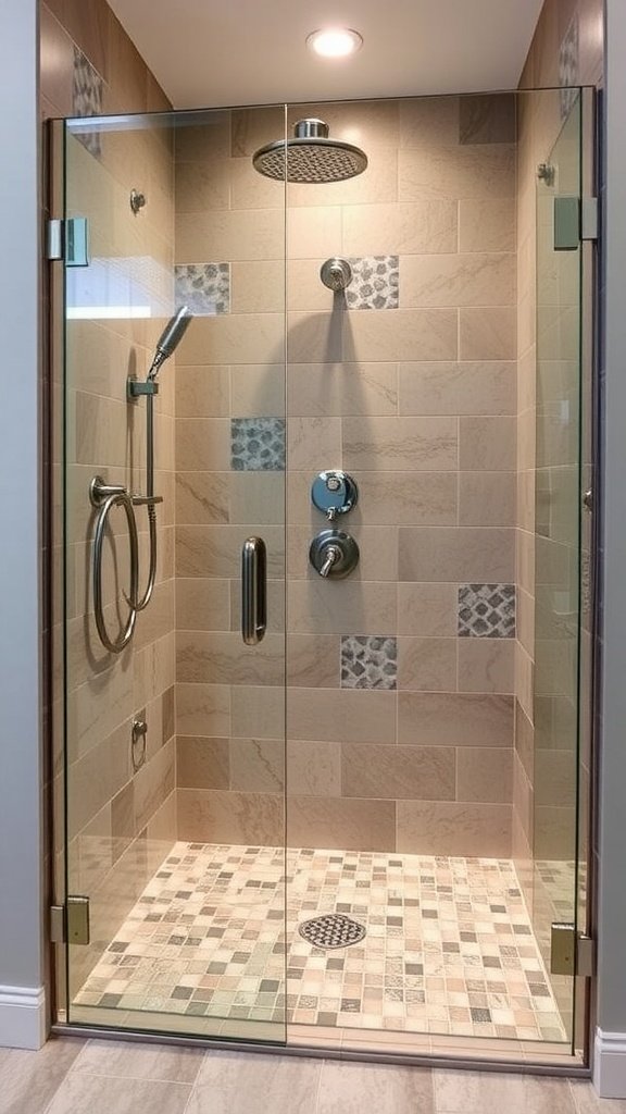 A sleek walk-in shower with mosaic tile accents and a modern showerhead.
