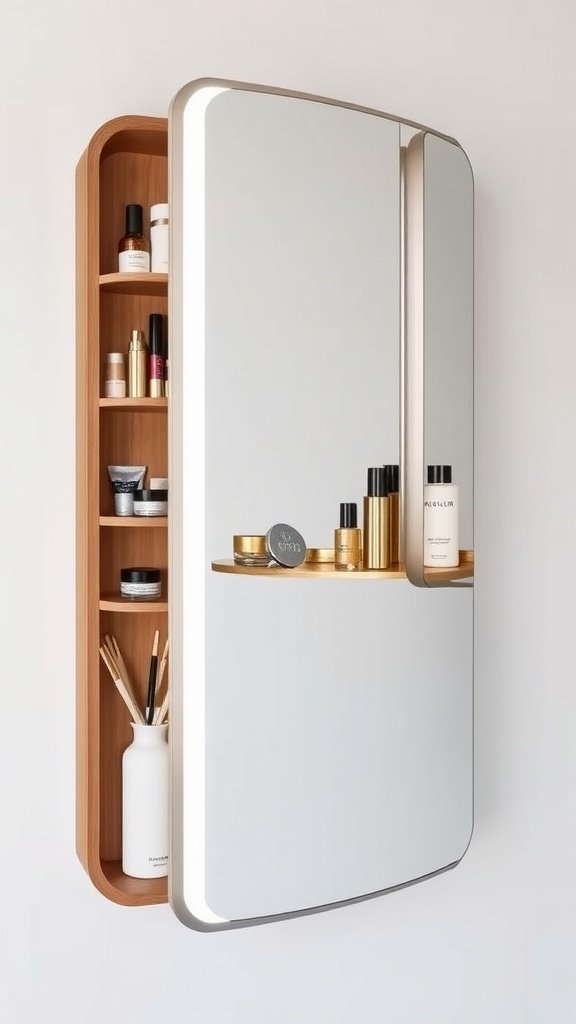 Wall-mounted mirror with storage compartments for toiletries.