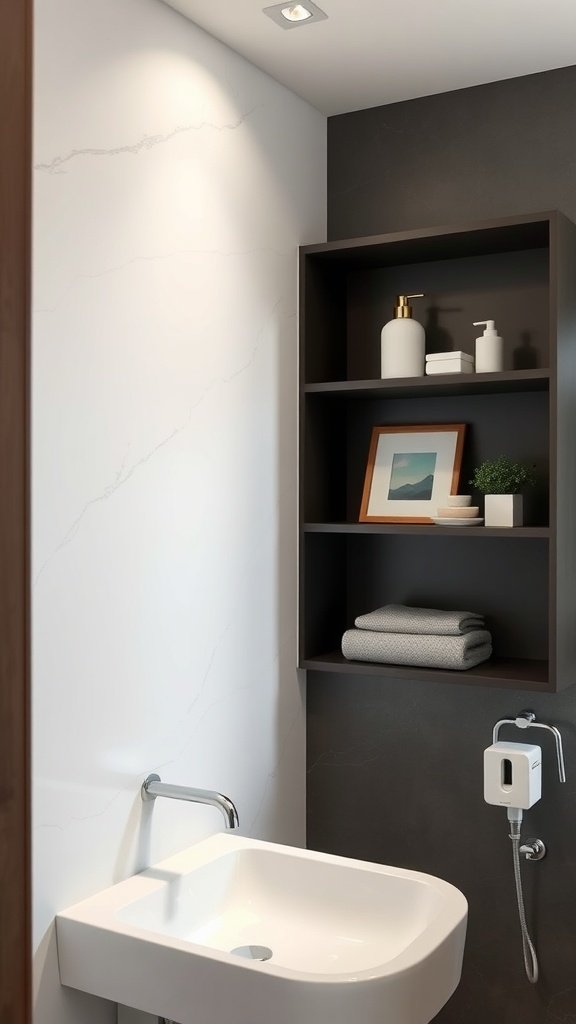 A bathroom with wall-mounted shelves displaying toiletries and towels.
