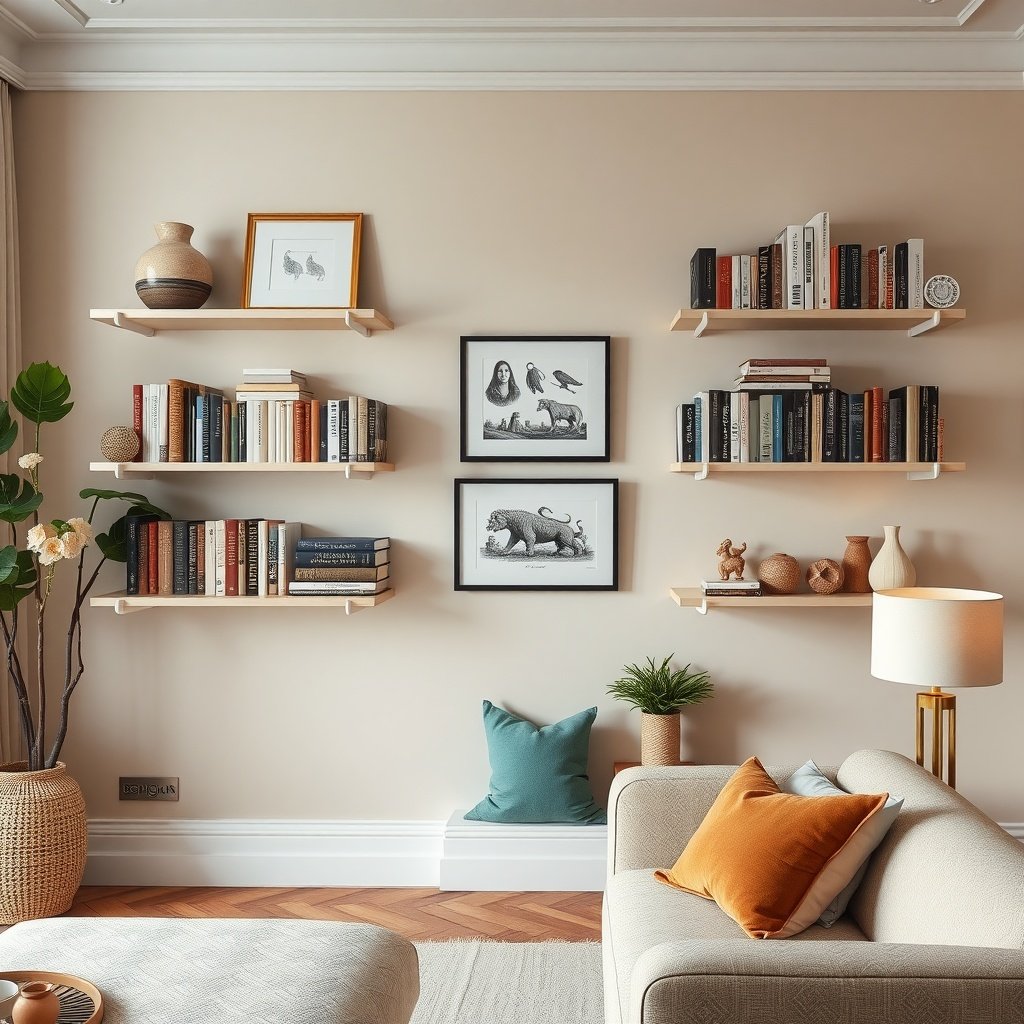 Stylish wall-mounted shelves with books and decorations in a cozy living room