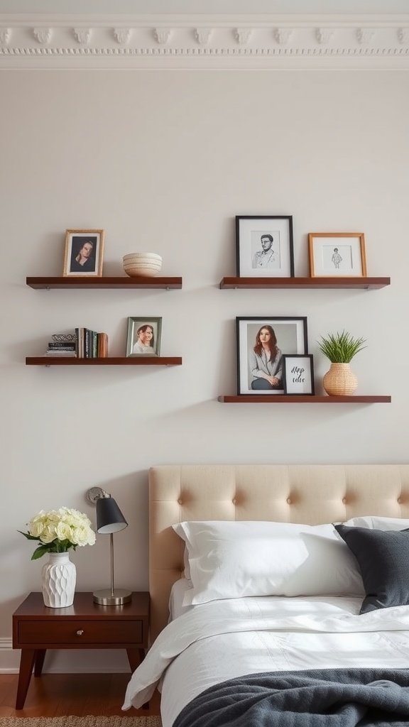A stylish bedroom featuring wall-mounted shelves with framed pictures and decor.