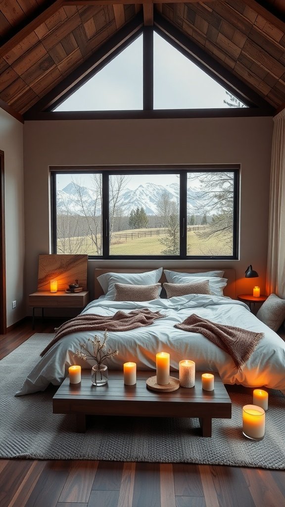 Cozy bedroom with lit candles on the bed and nightstand