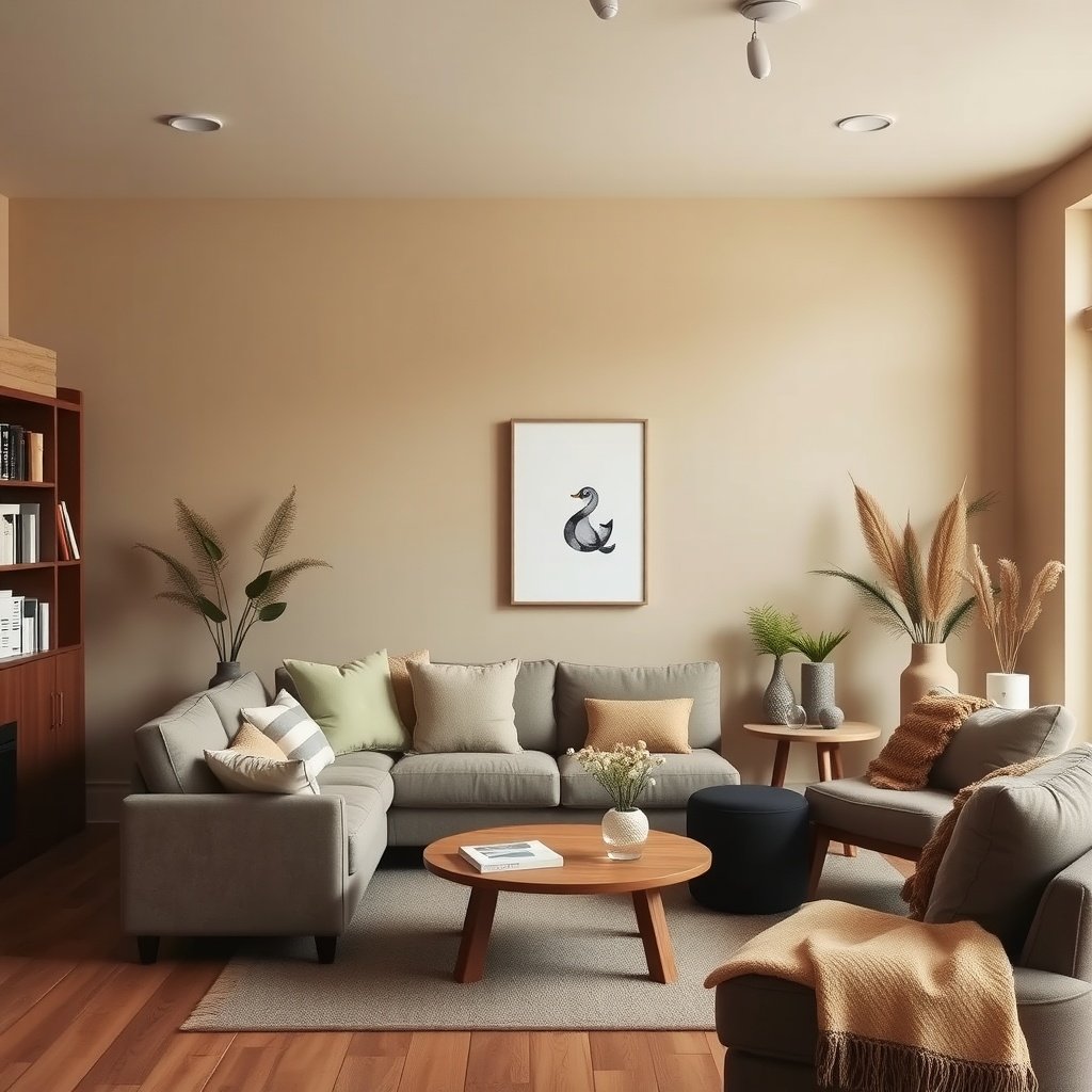 Cozy living room with warm earth tones, featuring a grey sectional sofa, wooden coffee table, and plants.