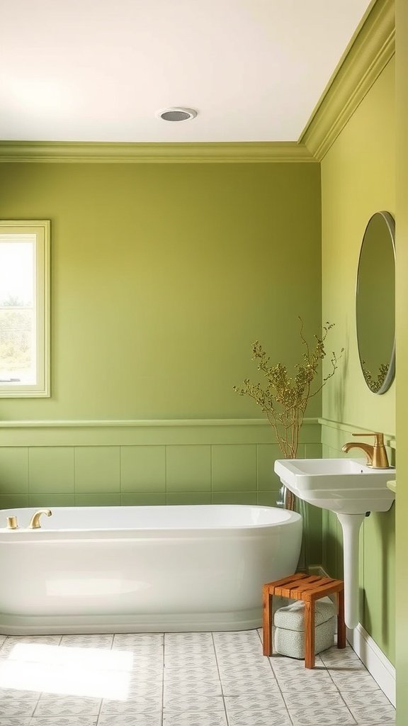 A bathroom with warm green walls, a white bathtub, and natural decor.