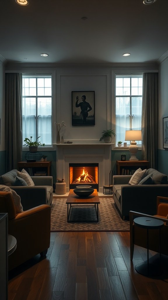 Cozy living room with warm lighting, fireplace, and plush seating