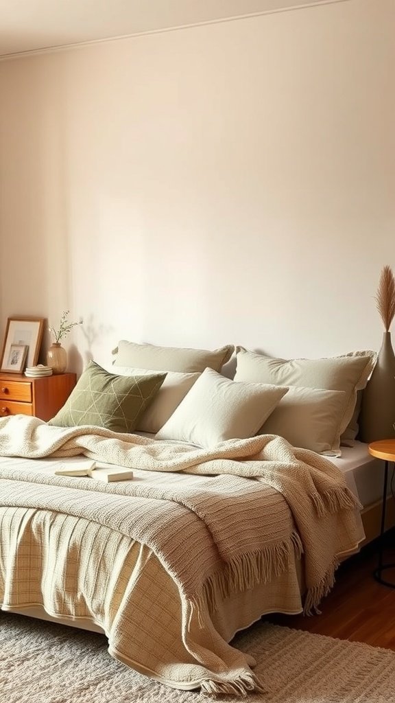 A cozy bedroom with warm neutral tones, featuring a bed with soft pillows and a textured blanket.