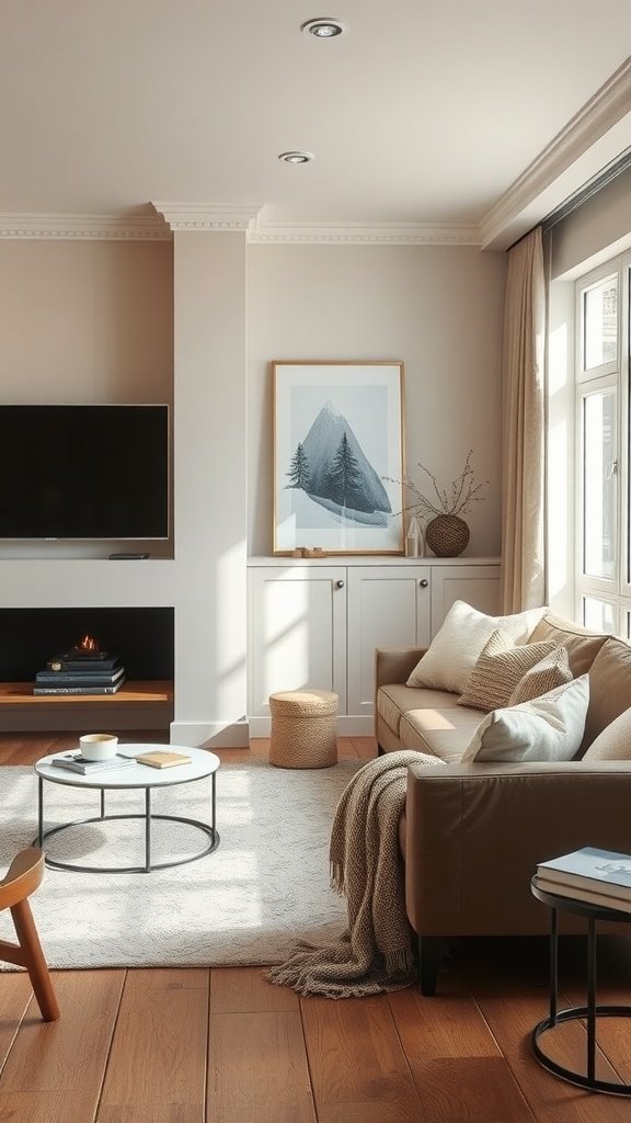 A cozy living room featuring a warm neutral palette with soft furnishings and natural decor.