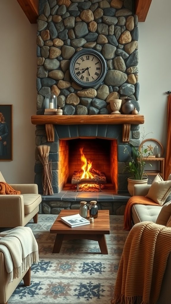 Cozy living room featuring a rustic stone fireplace with plush seating and warm decor.