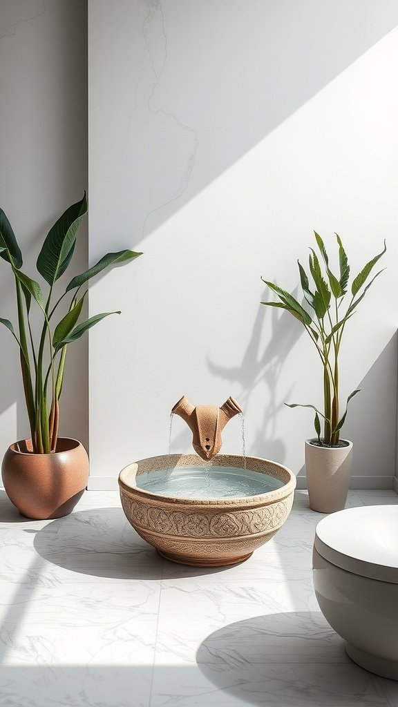 A serene bathroom with a decorative water feature and plants.