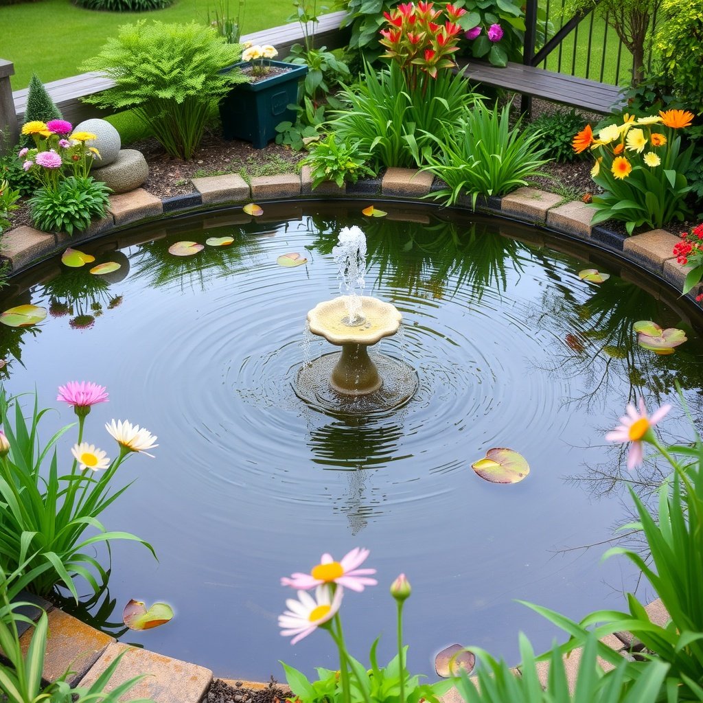A serene backyard pond with a fountain surrounded by flowers and plants.