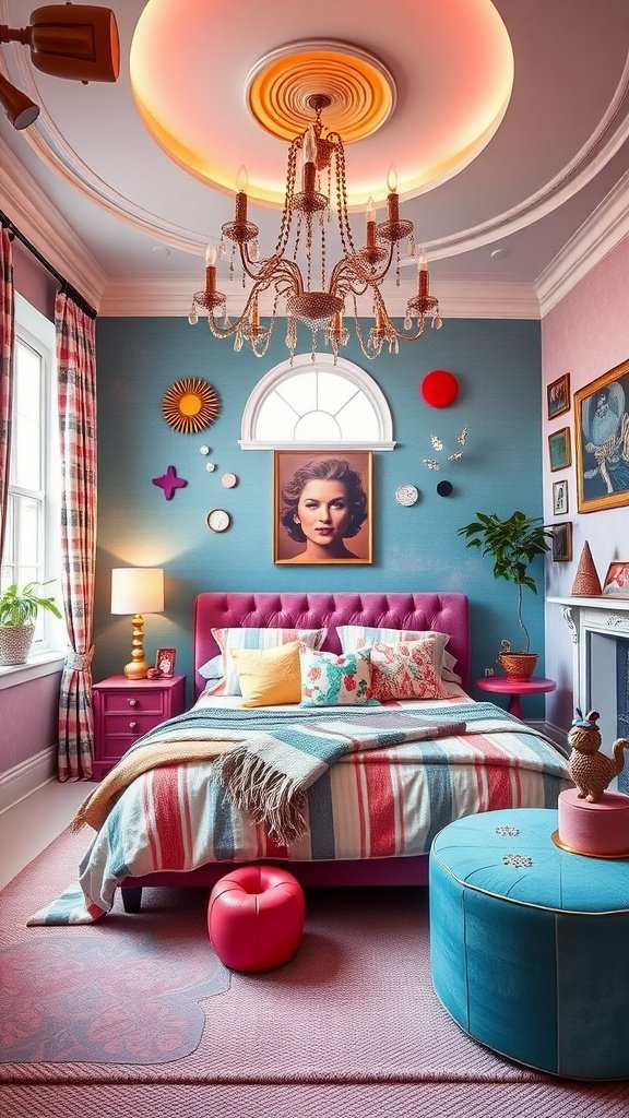 A colorful and playful bedroom with fun decor and cozy bedding.