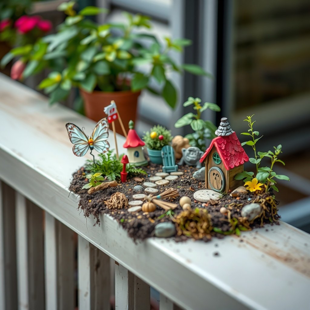 A whimsical fairy garden with miniature houses, plants, and decorations on a patio railing.