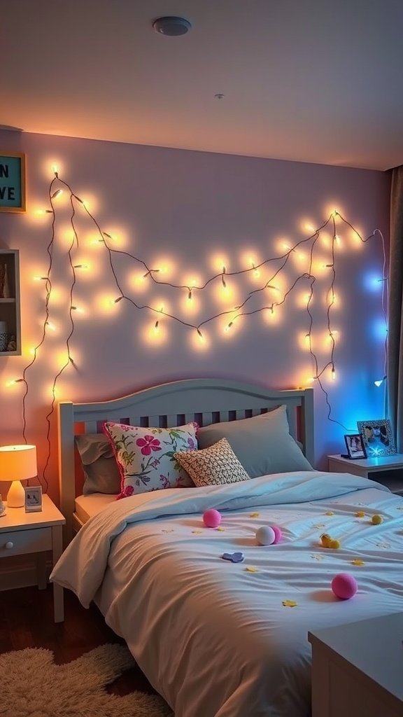 A cozy bedroom decorated with whimsical fairy lights, soft bedding, and playful decor.