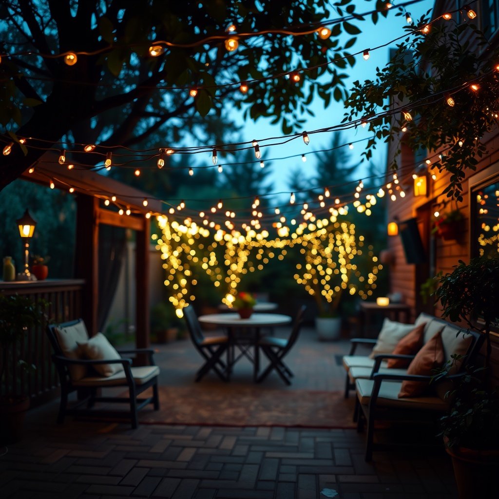 A cozy outdoor space decorated with whimsical fairy lights.