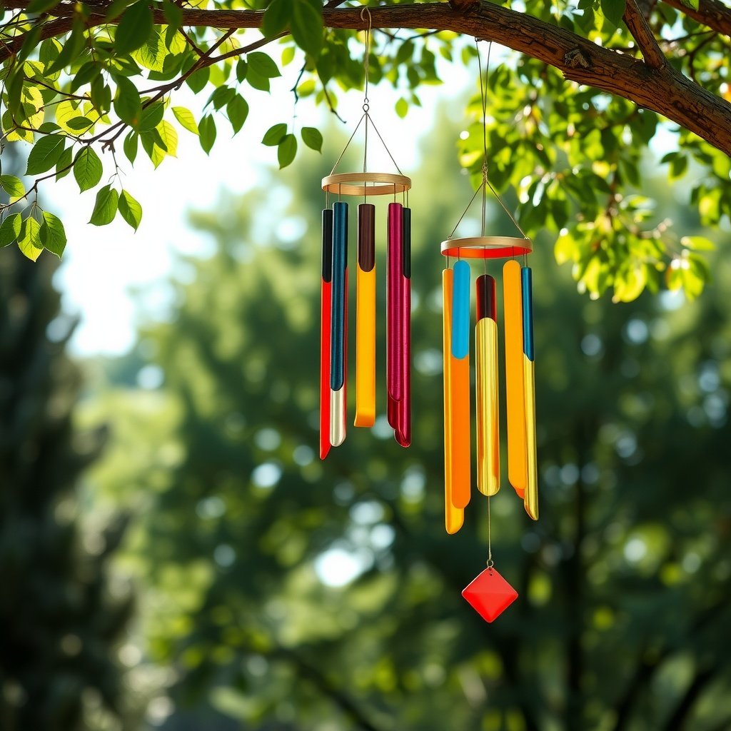 Colorful wind chimes hanging from a tree, surrounded by greenery.