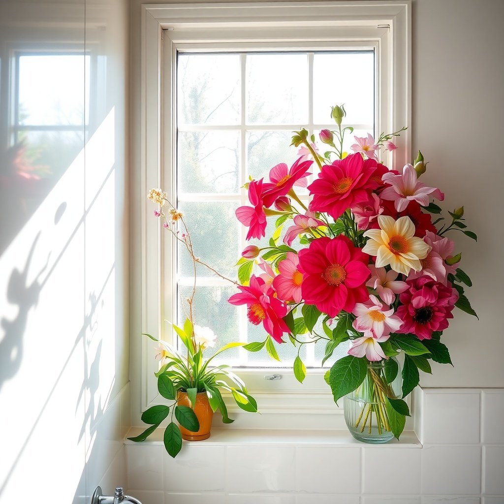 A window garden featuring a variety of colorful flowers in a bright bathroom.