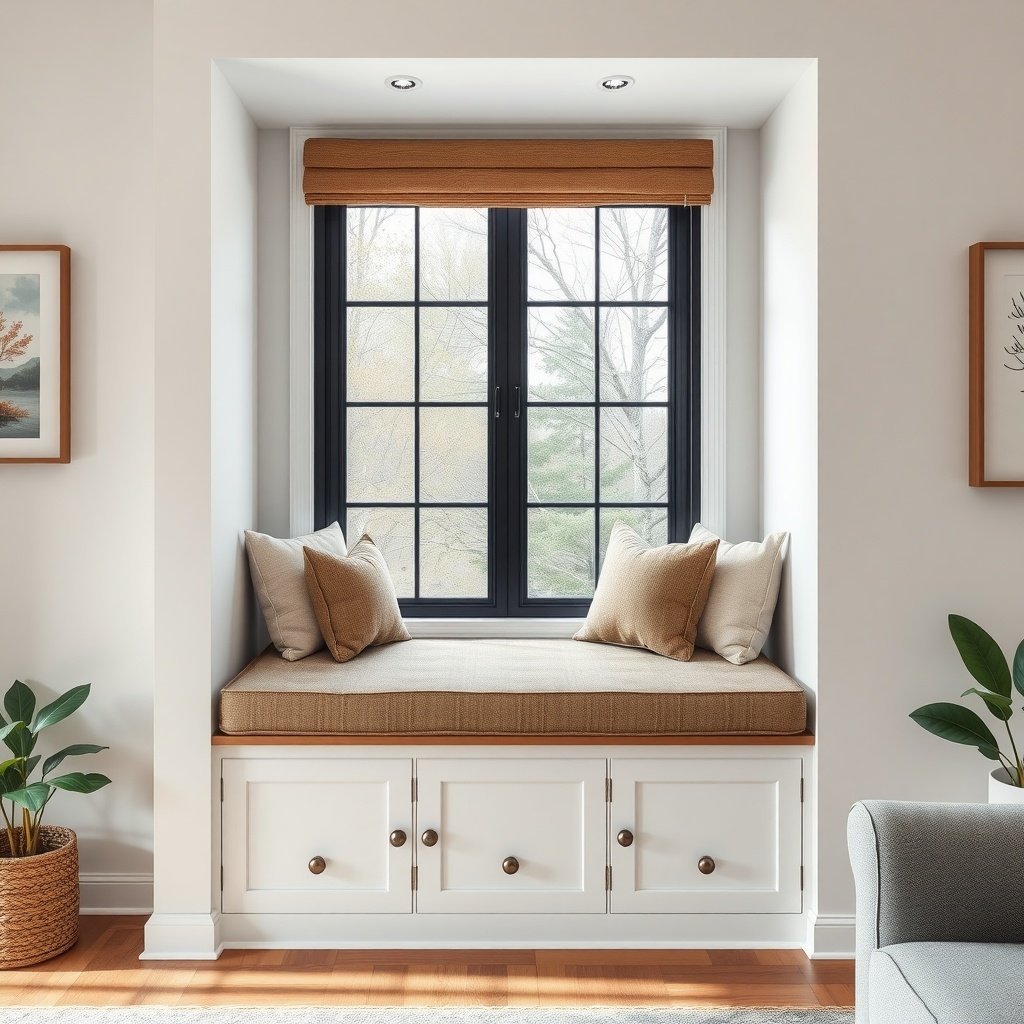 A cozy window seat with storage underneath, featuring cushions and a view outside.