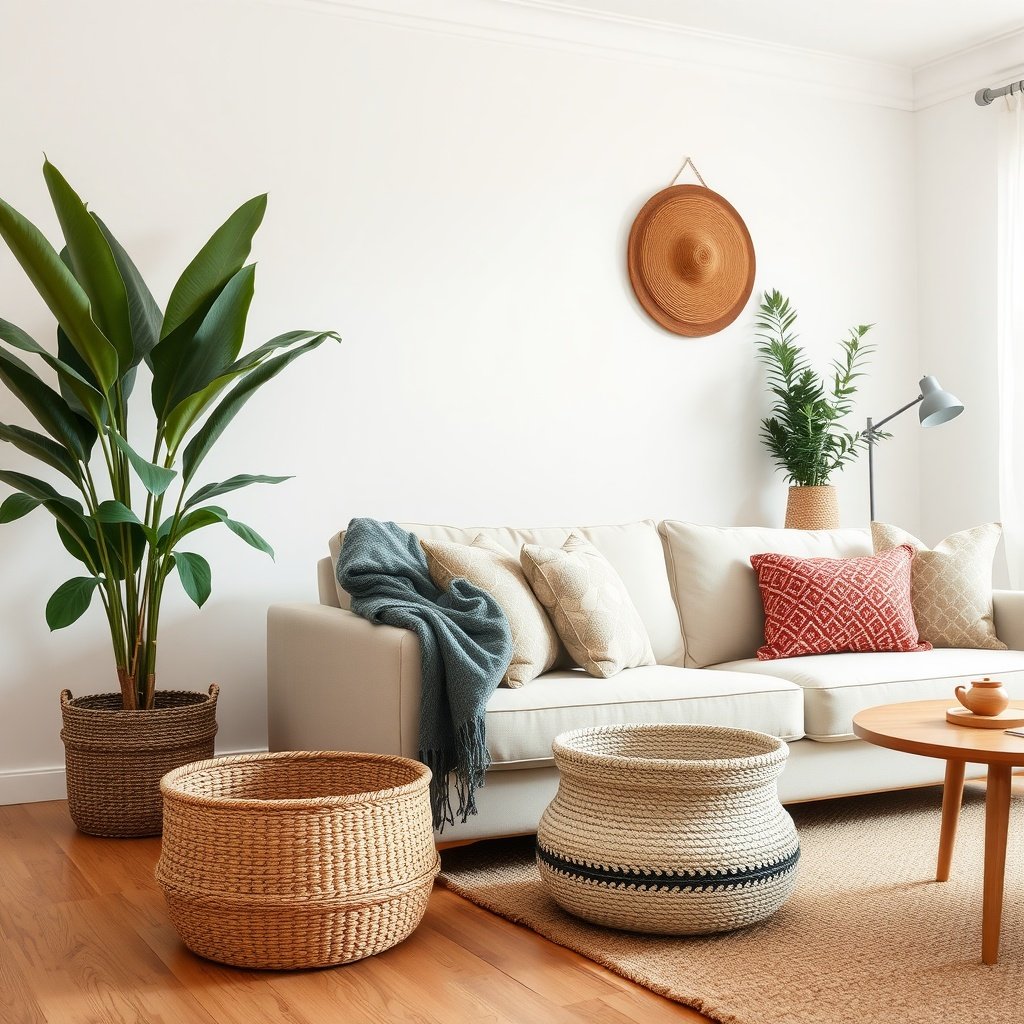 A cozy living room featuring woven baskets for storage, a beige couch, and plants.