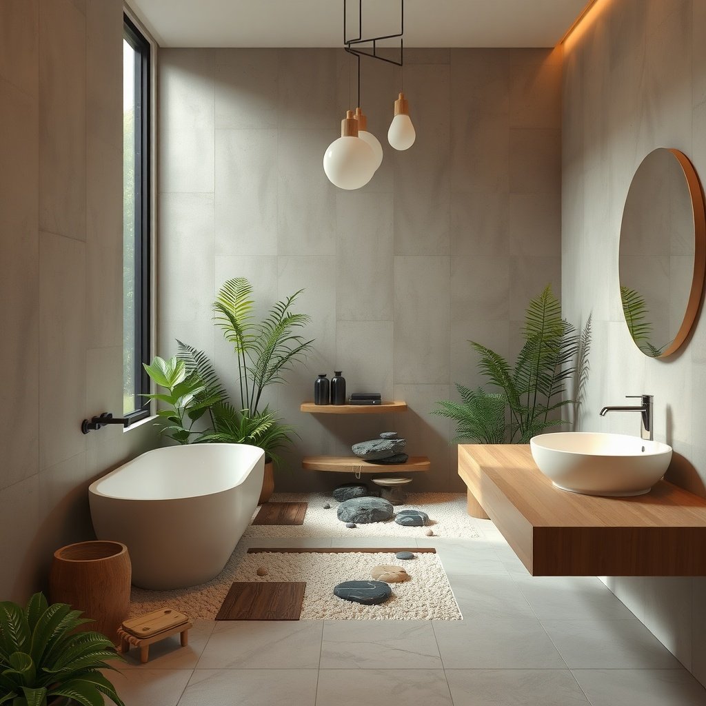 A modern bathroom featuring a bathtub, sink, and greenery, designed with zen garden elements.