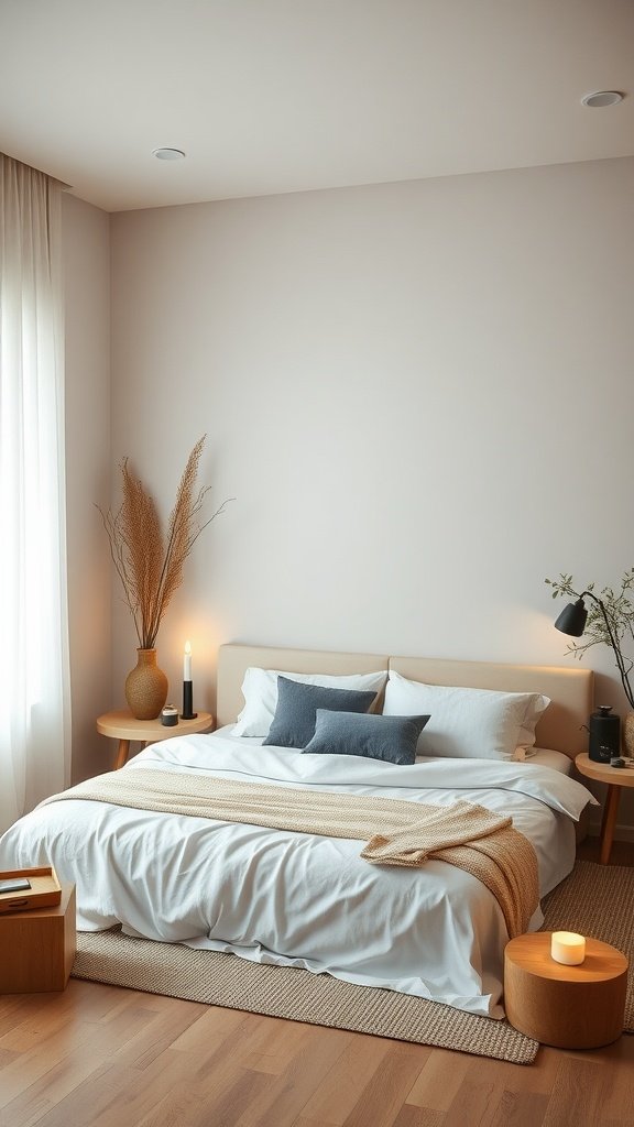 A peaceful bedroom featuring white and taupe decor, with cozy bedding and natural elements.