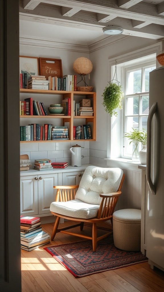 Cozy reading corner with an armchair and bookshelves in a farmhouse kitchen.
