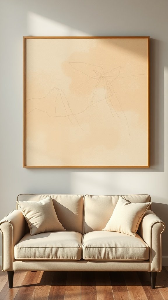 A minimalist abstract beige wall art above a soft beige couch.