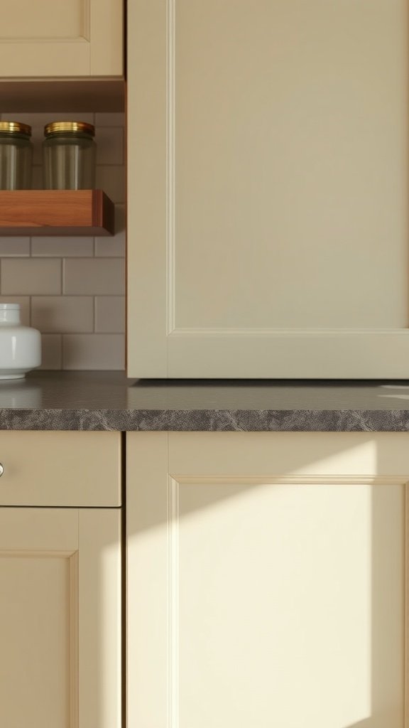 Close-up of kitchen cabinets with light-colored doors and a dark countertop.