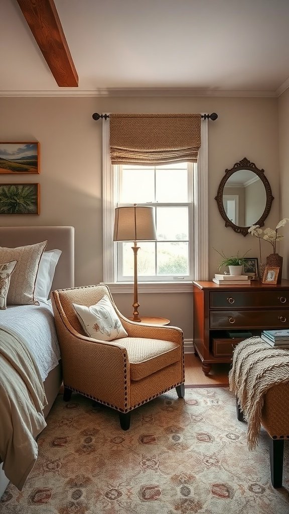 A cozy bedroom with a tufted ottoman, bedside table, and decorative plant.