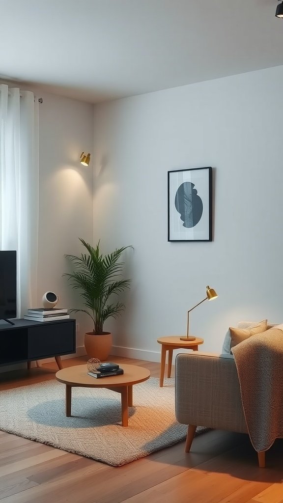 A small living room featuring minimalist decor with accent lighting, plants, and a cozy atmosphere.