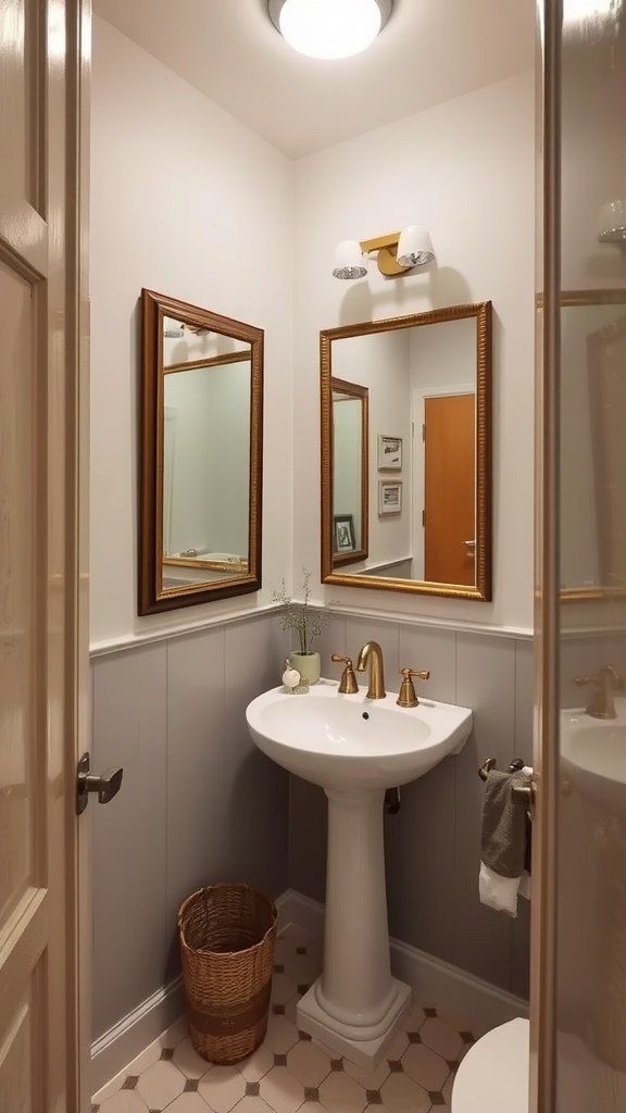 Small bathroom with two accent mirrors above a sink, giving a sense of depth.