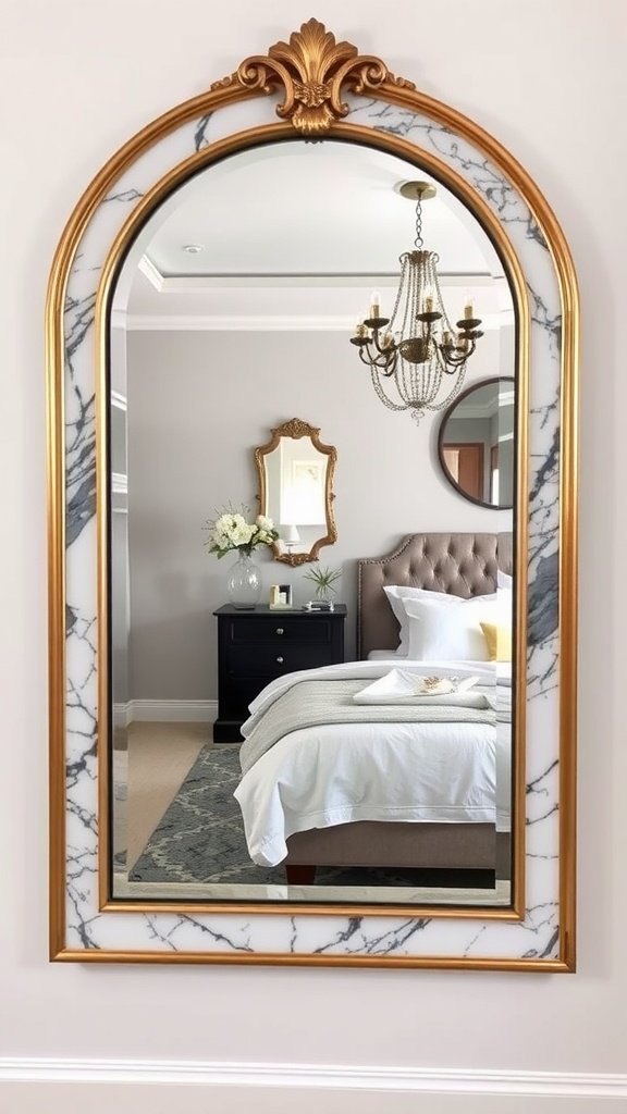 A stylish bedroom featuring a marble-framed accent mirror.