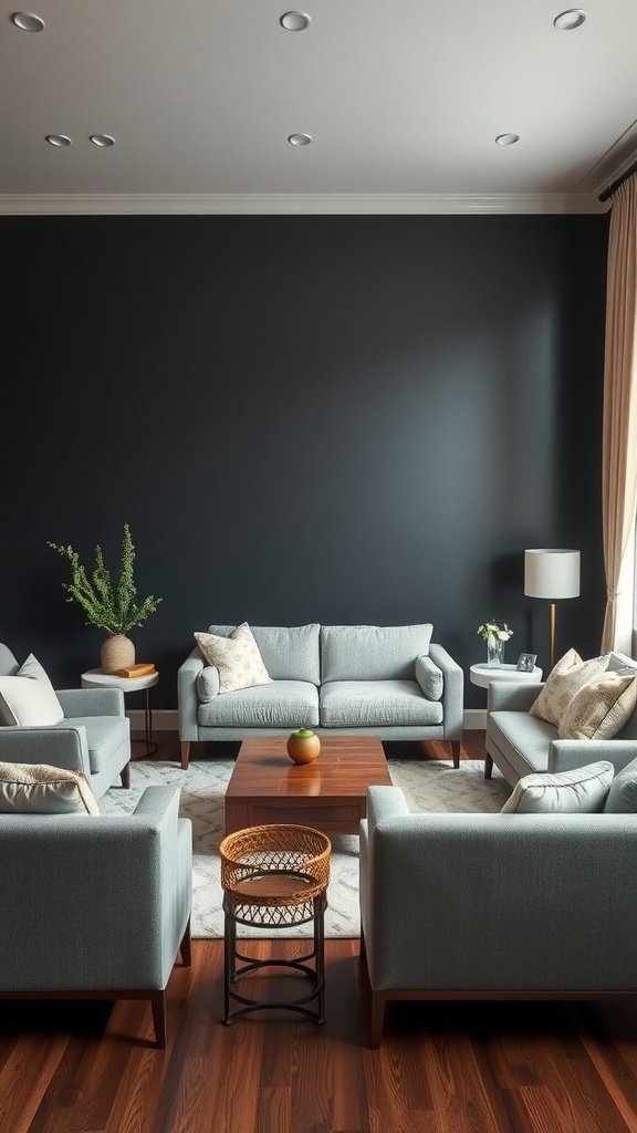 Living room with dark accent wall and light furniture.