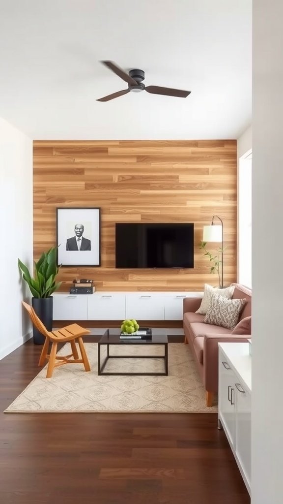 Modern living room featuring a wood paneling accent wall and stylish furniture.