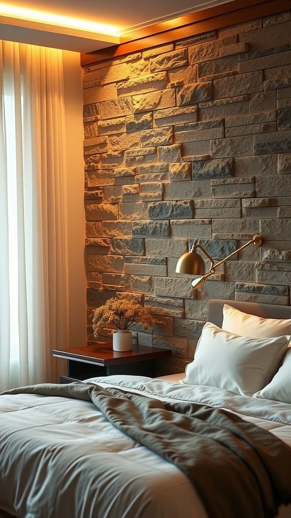 A bedroom with an accent wall illuminated by soft backlighting.