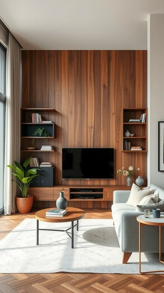 Modern living room with wood paneling accent wall and shelving.