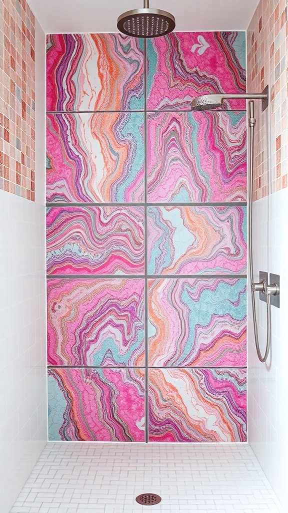 A shower featuring an accent wall of colorful marble veining in pink, blue, and orange.