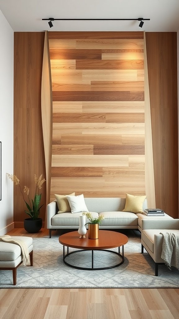 A stylish living room featuring a wooden accent wall and comfortable furniture.