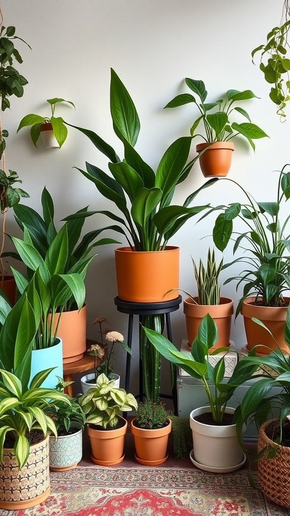Various houseplants in colorful pots arranged on a decorative rug.