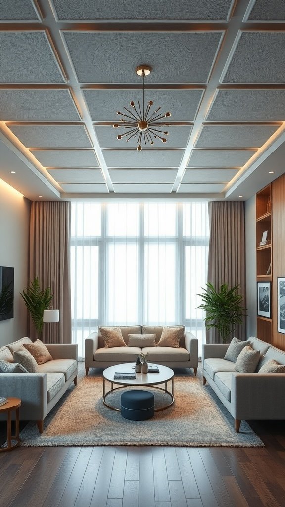 A modern living room with a stylish ceiling design and comfortable seating.